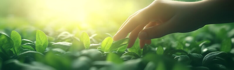 A person’s hand gently touches vibrant green leaves in soft sunlight, symbolizing growth and nurturing in a lush environment.