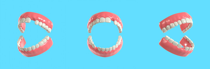 Set of Stylized Jaw with Broken Teeth 3D Illustration for Dental Health Concept