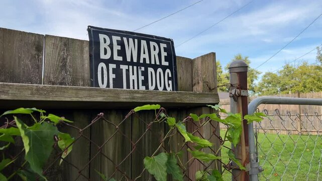 Beware of dog sign on back fence of property 4k
