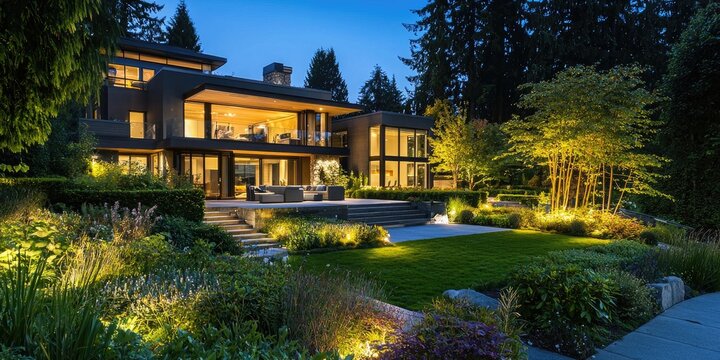 A luxury modern home with outdoor lighting highlighting the sleek architecture and landscaped garden at night.