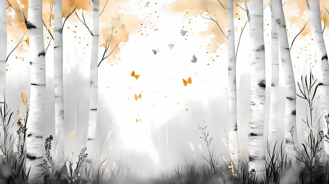 Watercolor birch forest scene in monochrome with touches of gold for artistic use. Monochrome. Illustration