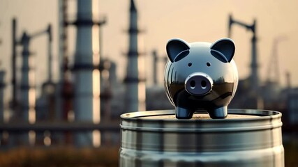 Piggy bank on an oil barrel in an industrial setting. Financial concept. Investing in petroleum products refining plants