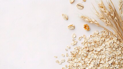 Isolated Oat Flakes with a White Background Alongside Wheat Grains for Culinary, Health, and Nutrition Concepts in Food Photography