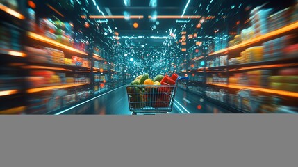 A shopping cart with groceries speeds down a futuristic grocery aisle with shelves lined with products and glowing neon lights.