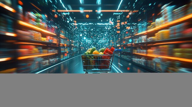 A shopping cart with groceries speeds down a futuristic grocery aisle with shelves lined with products and glowing neon lights.
