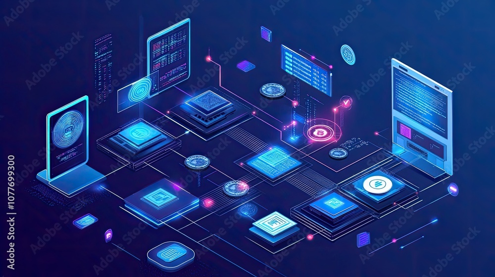 Poster digital network with isometric computer components and data transfer