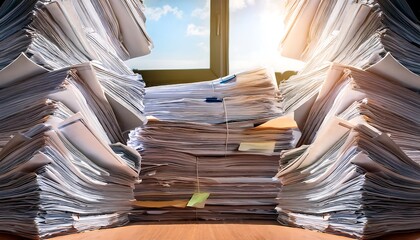 Pile or stack of many papers, paperwork documents, bureaucracy, messy finance report and acc