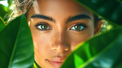 close up portrait of woman with striking green eyes framed by lush green leaves, showcasing her natural beauty and connection to nature