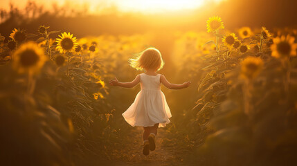 A joyful child running through a sunflower field