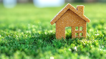 miniature house model made of natural materials sits on lush green grass, symbolizing eco friendly living and sustainability