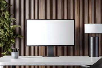 A minimalist home office workspace with a white monitor, a sleek lamp, and a plant on a white desk against a wood panel wall.