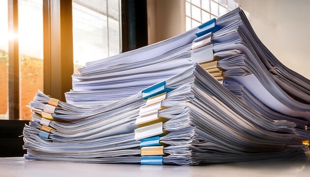 Pile or stack of many papers, paperwork documents, bureaucracy, messy finance report and acc