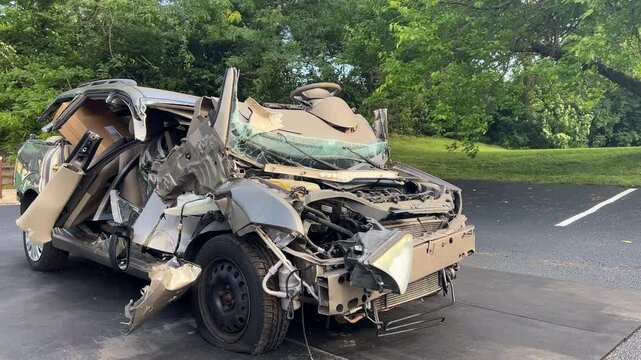 Wrecked car that has been cut up by fire rescue team 4k
