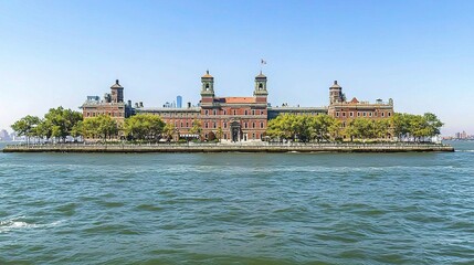 Fototapeta premium Breathtaking Panoramic View of the Iconic Manhattan Skyline from Ellis Island with Clear Blue Skies and Calm Waters in the Foreground