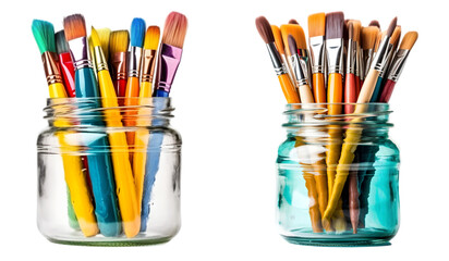 Art brushes are shown in a glass jar on transparent background