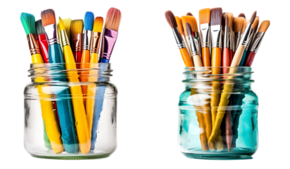 Art brushes are shown in a glass jar on transparent background