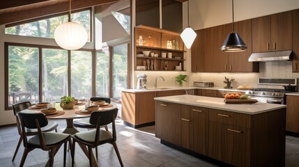 Modern Kitchen with Wooden Cabinets and Large Windows