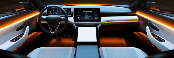 Sleek and modern car interior showcasing advanced technology and design elements.