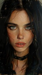 Intriguing Portrait of a Woman with Freckles and Long Black Hair