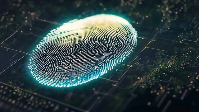 A glowing fingerprint on a digital interface symbolizes biometric security. The neon blue light highlights tech advances in personal identification systems.