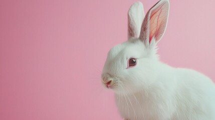 Obraz premium Adorable White Bunny with Pink Background, Captured in High-Resolution Portrait Style, Perfect for Illustrations, Children's Themes, and Nature Projects