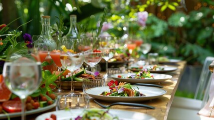 A gl dinner party set in a lush garden with a menu featuring gourmet vegetarian dishes and elevated mocktails with floral herbal and fruity notes.