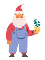 Santa Claus holding potted plant festive scene. Cheerful Santa in red hat and blue overalls holding a yellow pot with green plant