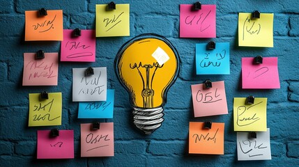 Handwritten Notes Surrounding a Drawn Light Bulb on a Blue Brick Wall