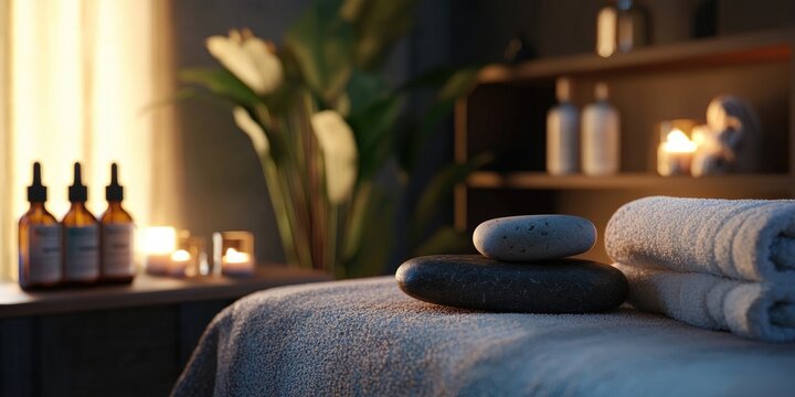 A peaceful spa environment with a hot stone massage, essential oils, and calming music