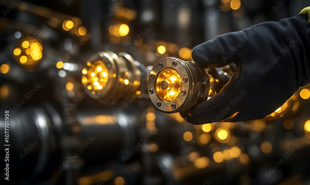 Poster A close-up of a gloved hand holding a glowing device amidst a backdrop of pipes, showcasing industrial design and illuminated technology.