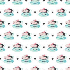 Playful Sweet Bunny in a Cup Seamless Pattern Art. Perfect for kawaii themed designs, children’s fabrics, and cute stationery, Ideal for creating a cozy, tea-time aesthetic with a sweet, loving vibe.