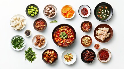 Authentic Chinese Food Spread Top View on Plain White Background in High Definition 8K Resolution, Ultra Realistic, Photorealistic, Hypermaximalist Advertising Photography with Hyper Realistic