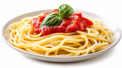 Delicious Plate of Spaghetti with Fresh Tomato Sauce and Basil Garnish on a Clean White Background for Culinary Inspiration and Recipe Ideas