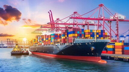 Fototapeta premium Large cargo ship docked at a portwith cranes and containers,symbolizing a port strike,highlighting the scale of the portand the absence of activity.