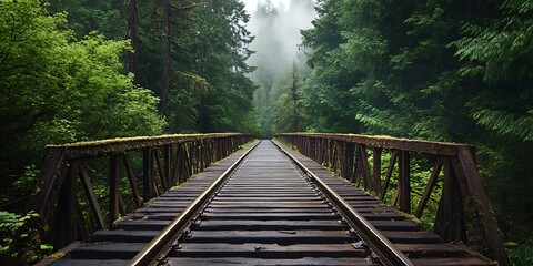 Train Tracks Leading Through Misty Forest, Landscape Photography