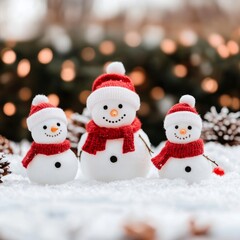 Fototapeta premium Three snowmen in red hats and scarves stand in a row on the snow with a blurred background of pine needles, pine cones, and Christmas lights.