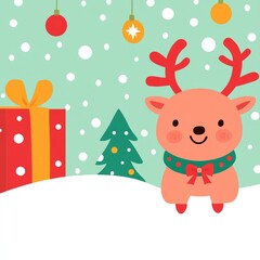A cute reindeer standing in the snow with a Christmas tree, gift and ornaments.