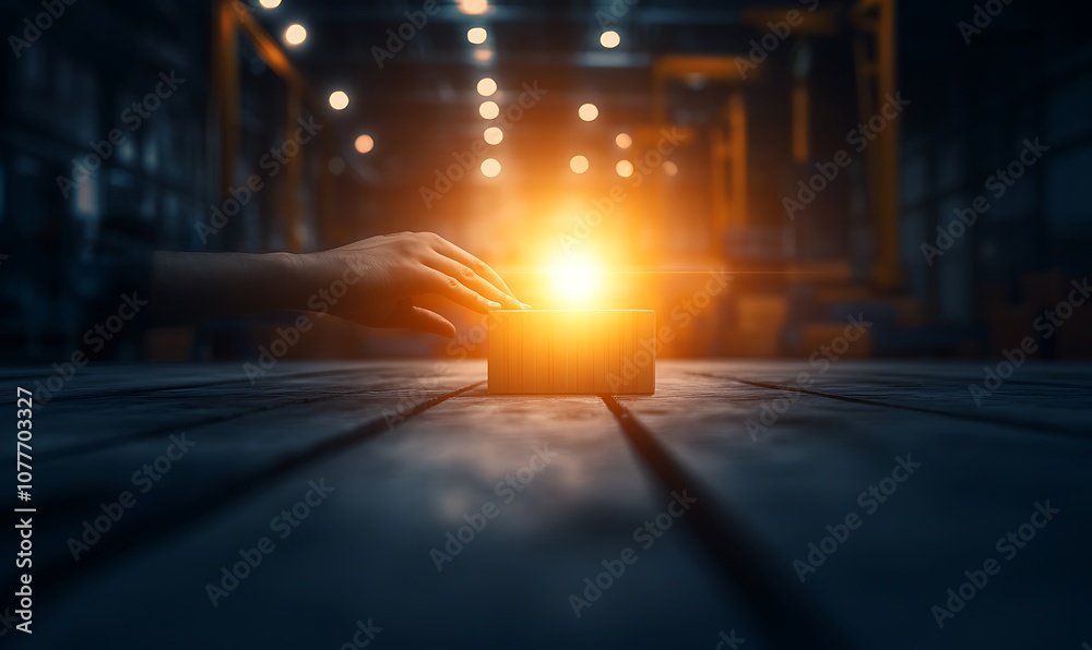 Poster a hand reaches toward a glowing light on a wooden surface, set against a dimly lit industrial backdr