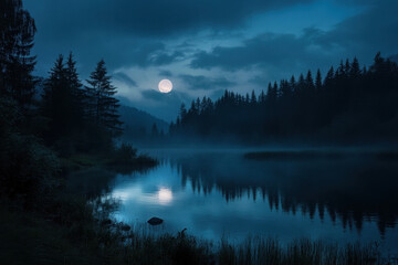 A serene night scene with a full moon reflecting on a calm lake surrounded by forested hills under a cloudy sky, exuding tranquility and natural beauty.