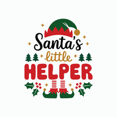 Santa Little Helper, typography, with a Santa Clause t-shirt design illustration. Merry Christmas