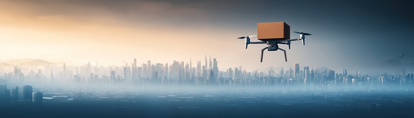 Fototapeta premium A drone delivers a package over a city skyline at dusk.
