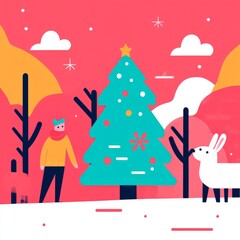 A person in a winter outfit stands in a snowy landscape with a Christmas tree and a bunny.