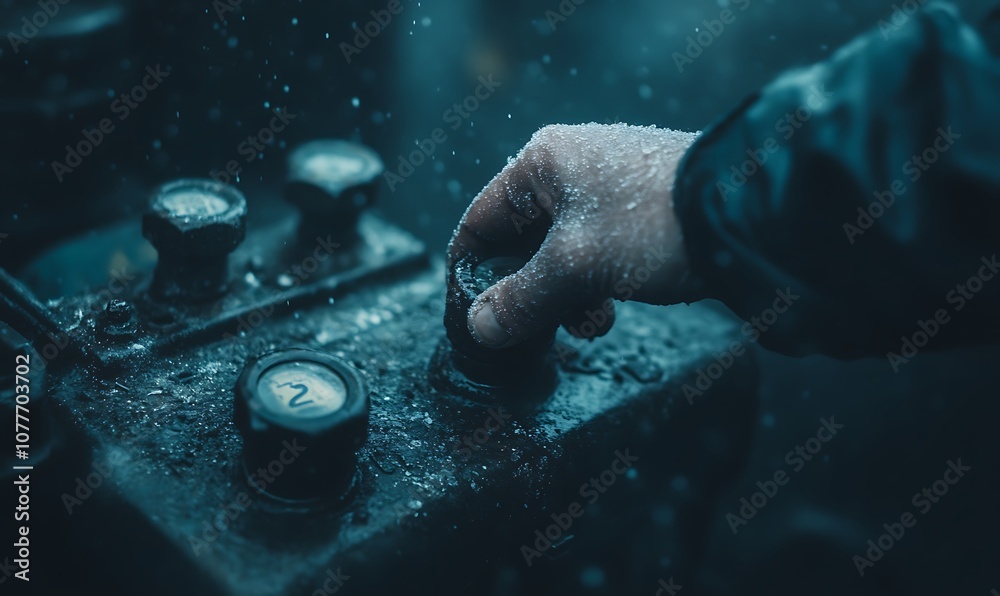 Aufkleber a hand operates machinery controls in a rainy environment, highlighting the interaction between huma