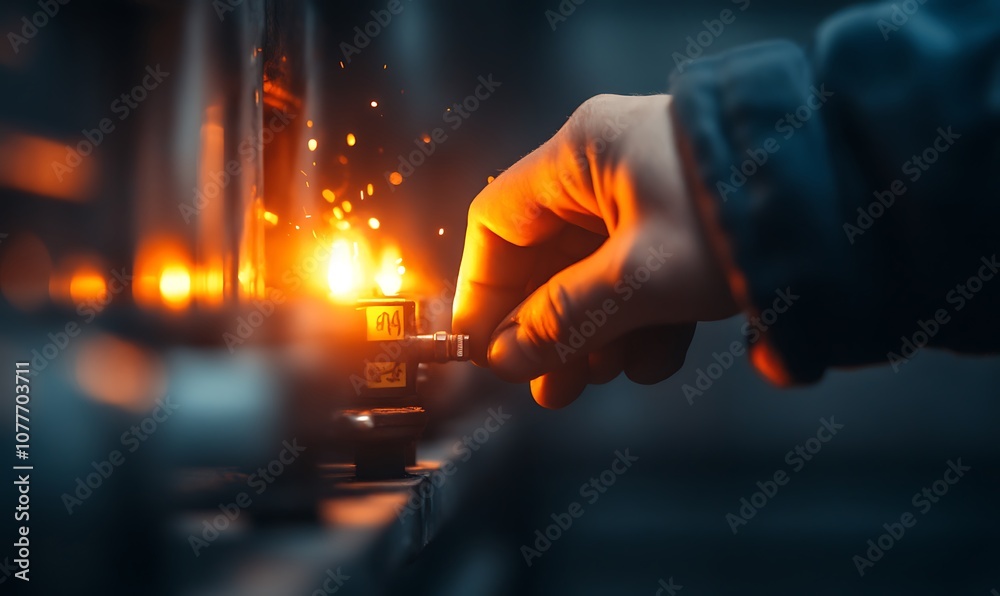 Poster a hand adjusts a knob, creating sparks of light, set against a dark background, conveying a sense of