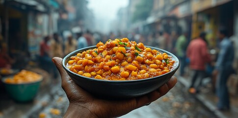 A hand extends an empty bowl, seeking food against a backdrop of colorful produce in a bustling street