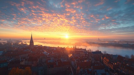 A panoramic view of a city skyline with a beautiful sunrise over a river.