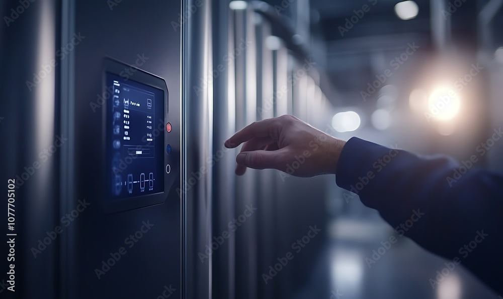 Fototapete A hand interacts with a digital control panel in a modern, high-tech environment, showcasing advanced technology and functionality.