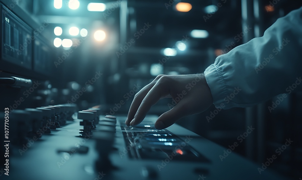 Leinwandbilder a hand adjusts controls on a complex electronic device in a dimly lit environment, showcasing techno