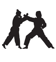 vector silhouette of two karate women fighting blocking