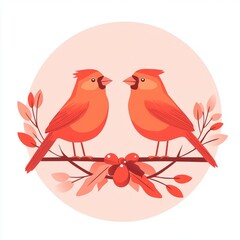 Obraz premium Two red cardinals perched on a branch with berries, facing each other.